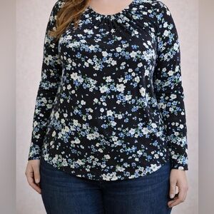 💘5 for $25 / Blue and Green Floral on Black Long Sleeve Blouse